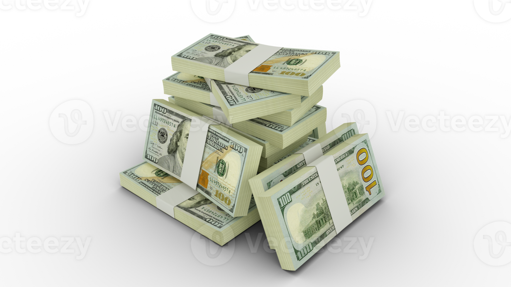 3d rendering of Stacks of 100 US dollar notes. bundles of United states currency notes isolated on transparent background png