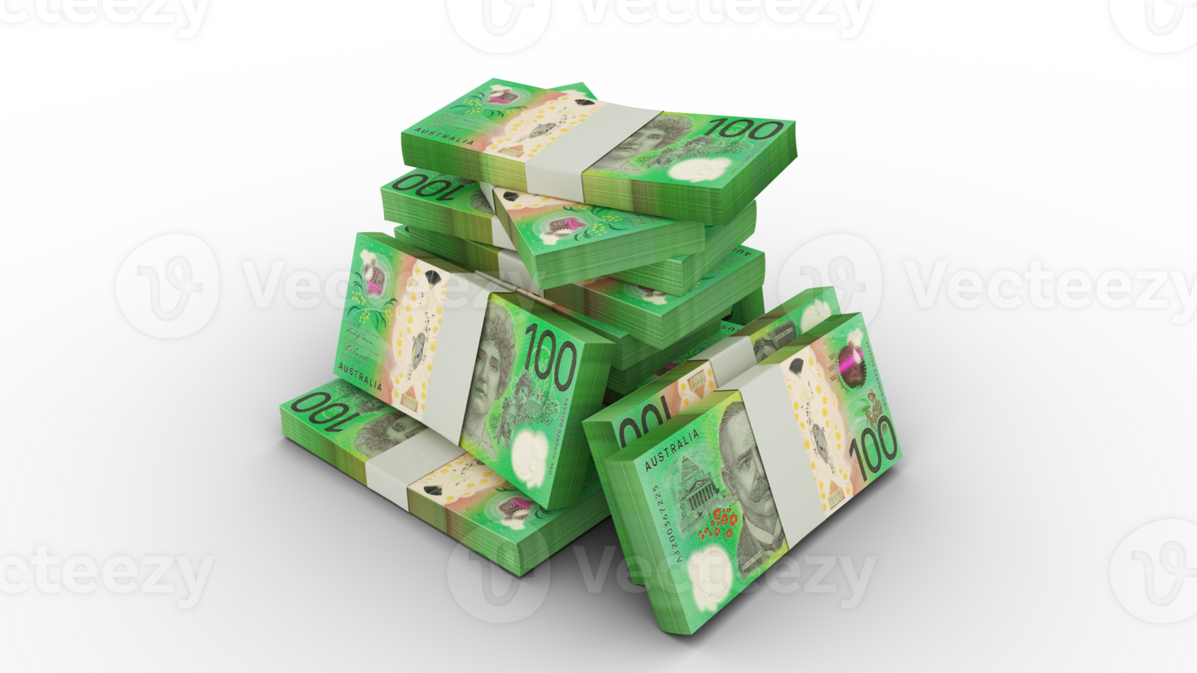 3d rendering of Stacks of 100 Australian dollar notes. bundles of Australian currency notes isolated on transparent background png