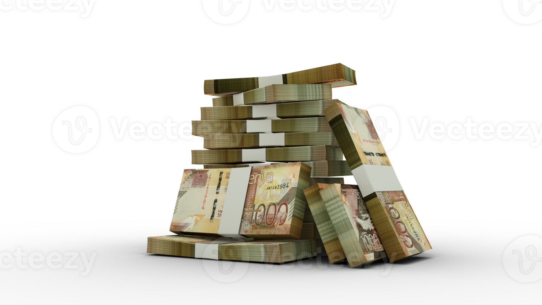 3d rendering of Stacks of 1000 Kenyan shilling notes. bundles of Kenyan currency notes isolated on transparent background png