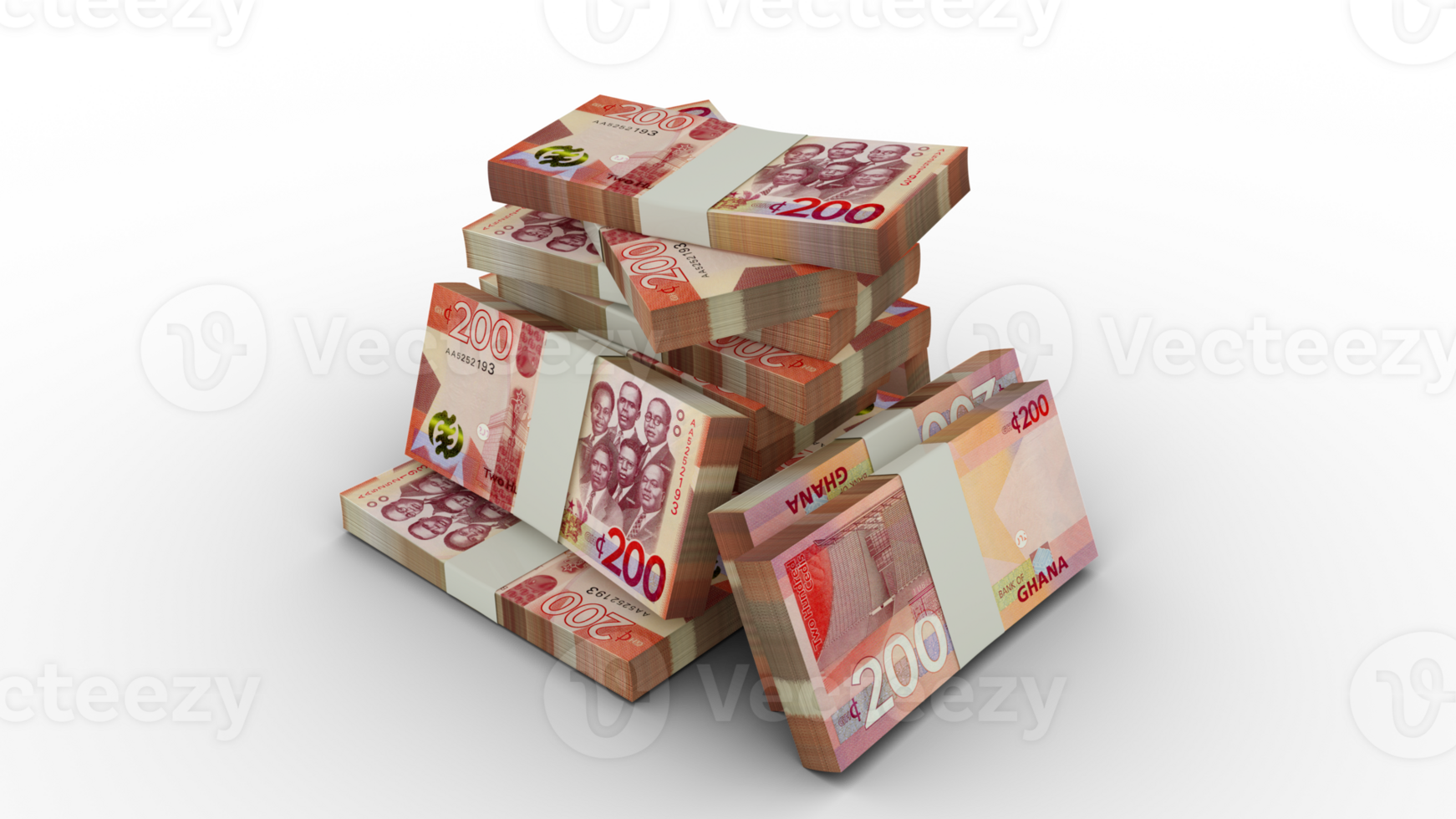 3d rendering of Stacks of 200 Ghanaian cedi notes. bundles of Ghanaian currency notes isolated on transparent background png