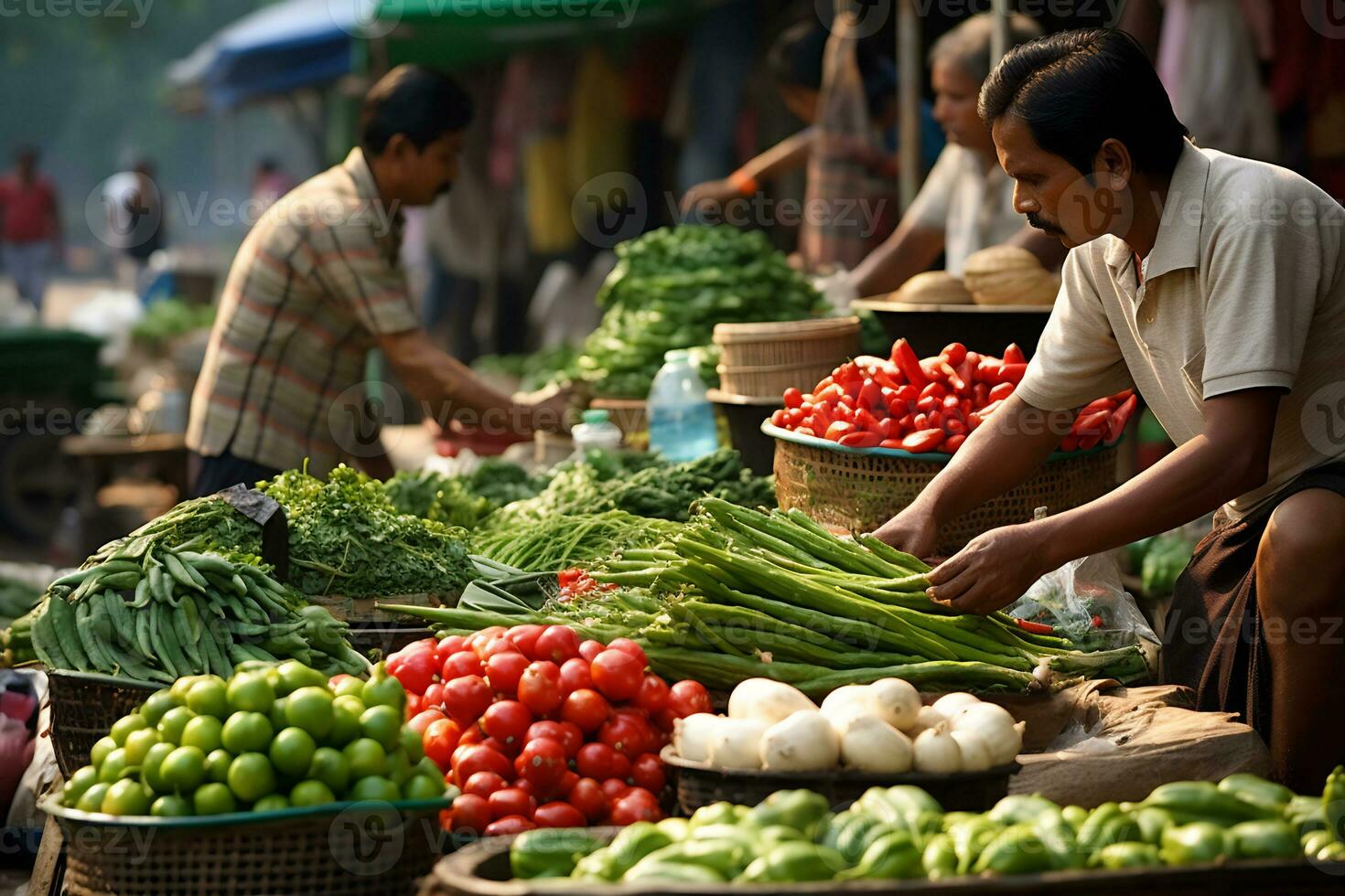 View of vendors selling fresh food in traditional market photo