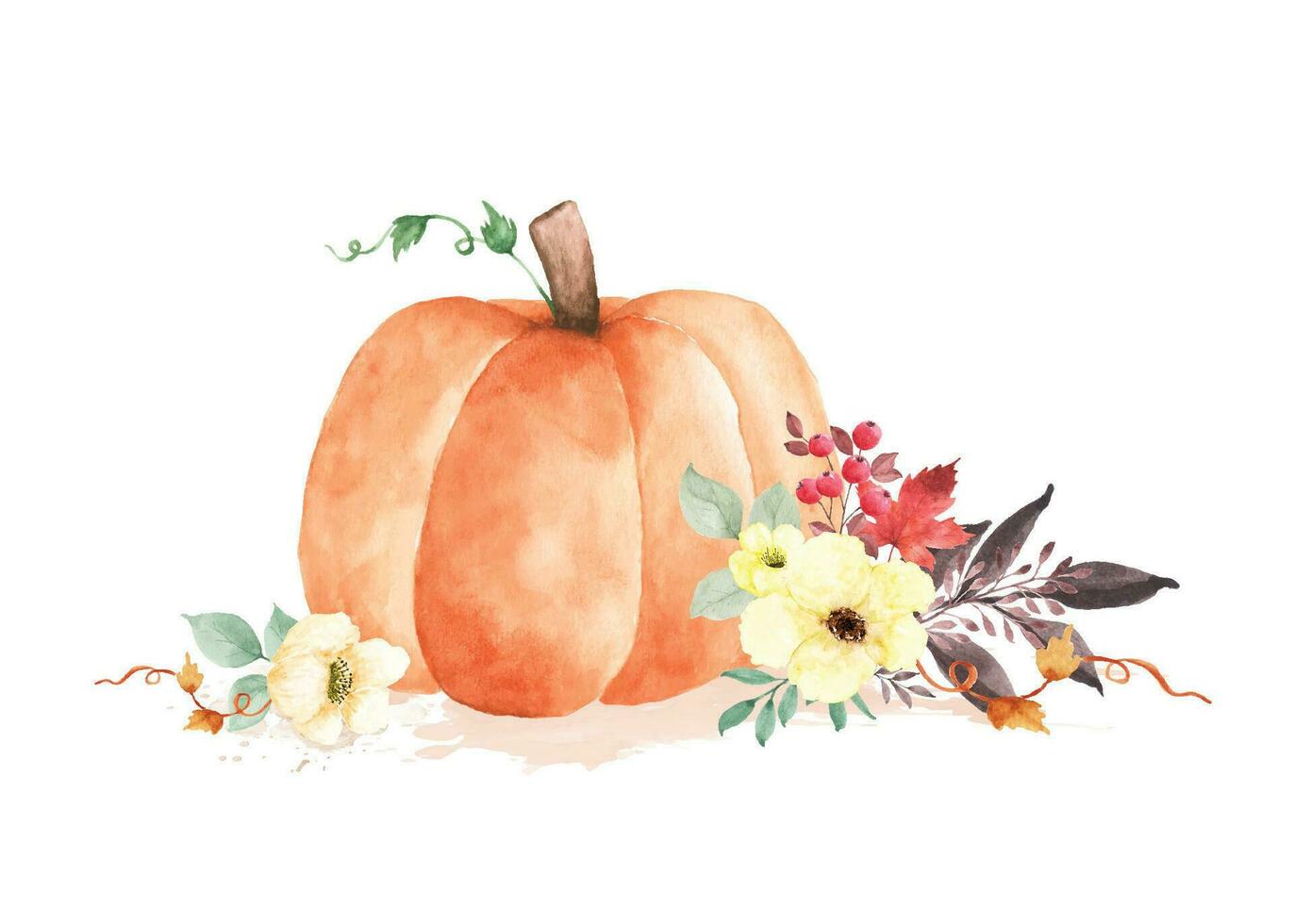 Autumn watercolor illustration with orange pumpkins and flowers leaves vector