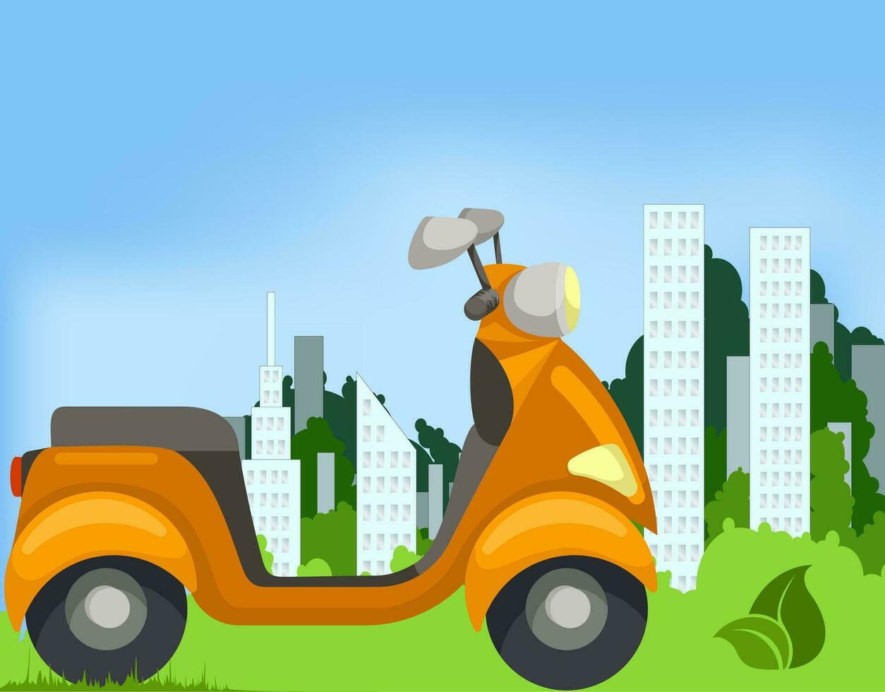 Vector image of a scooter on a city background. The concept of environmentally friendly transport and the creation of a white city