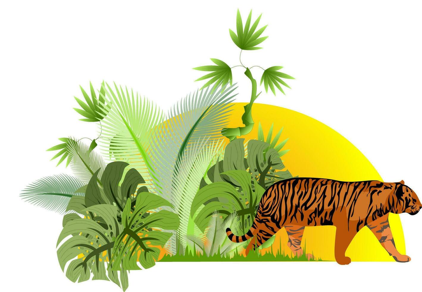 Vector image of a tiger walking from the forest. Environmental concept of the destruction of forests, habitats of wild animals