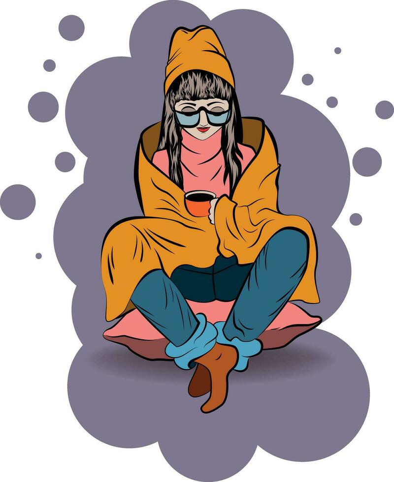 Cold girl from the rain or frost, under a blanket with a Cup of coffee or tea. Vector image