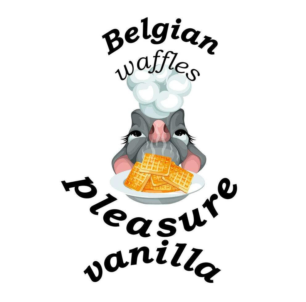 Vector image of a plate with waffles on a white background with the inscription and the head of the mouse in the cap. Concept