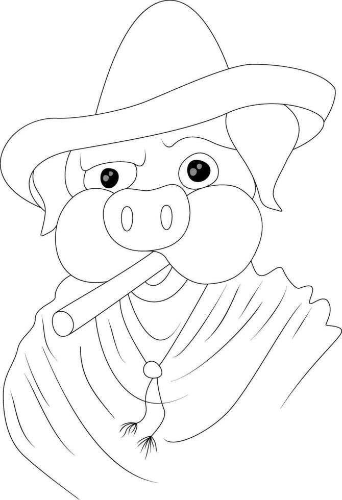 vector image of a boar in a sombrero and a poncho with a cigar. Has an interested observer's eye