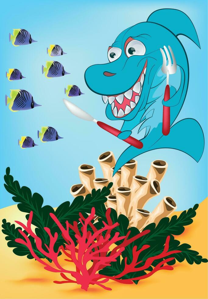 shark, which was going to eat hearty. The concept of relationships between businessmen, as well as relationships between ordinary people in everyday life. Flat vector image
