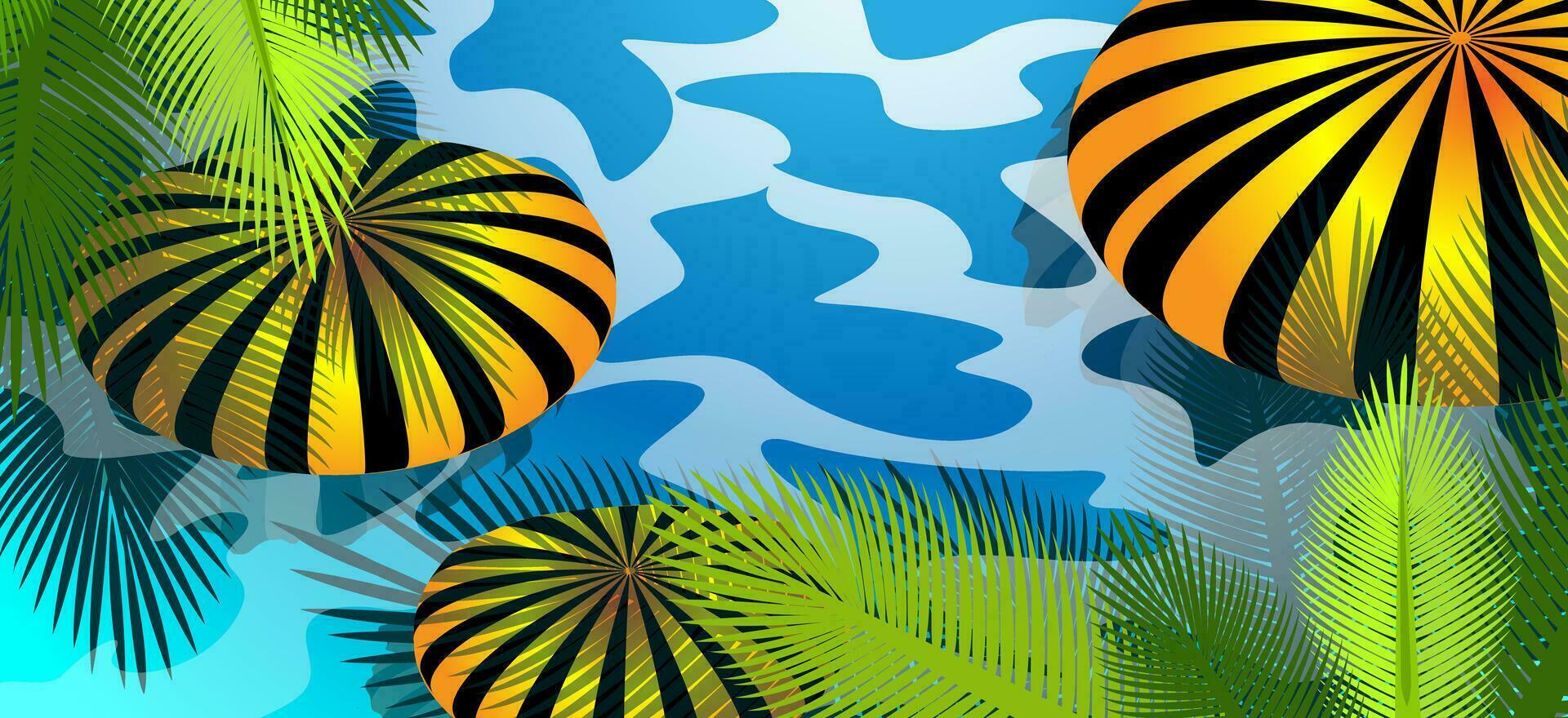 background image of swimming circles or round mattresses reflected in the water and branches of palm trees. Conceptual image for giving the atmosphere of relaxation and rest. vector