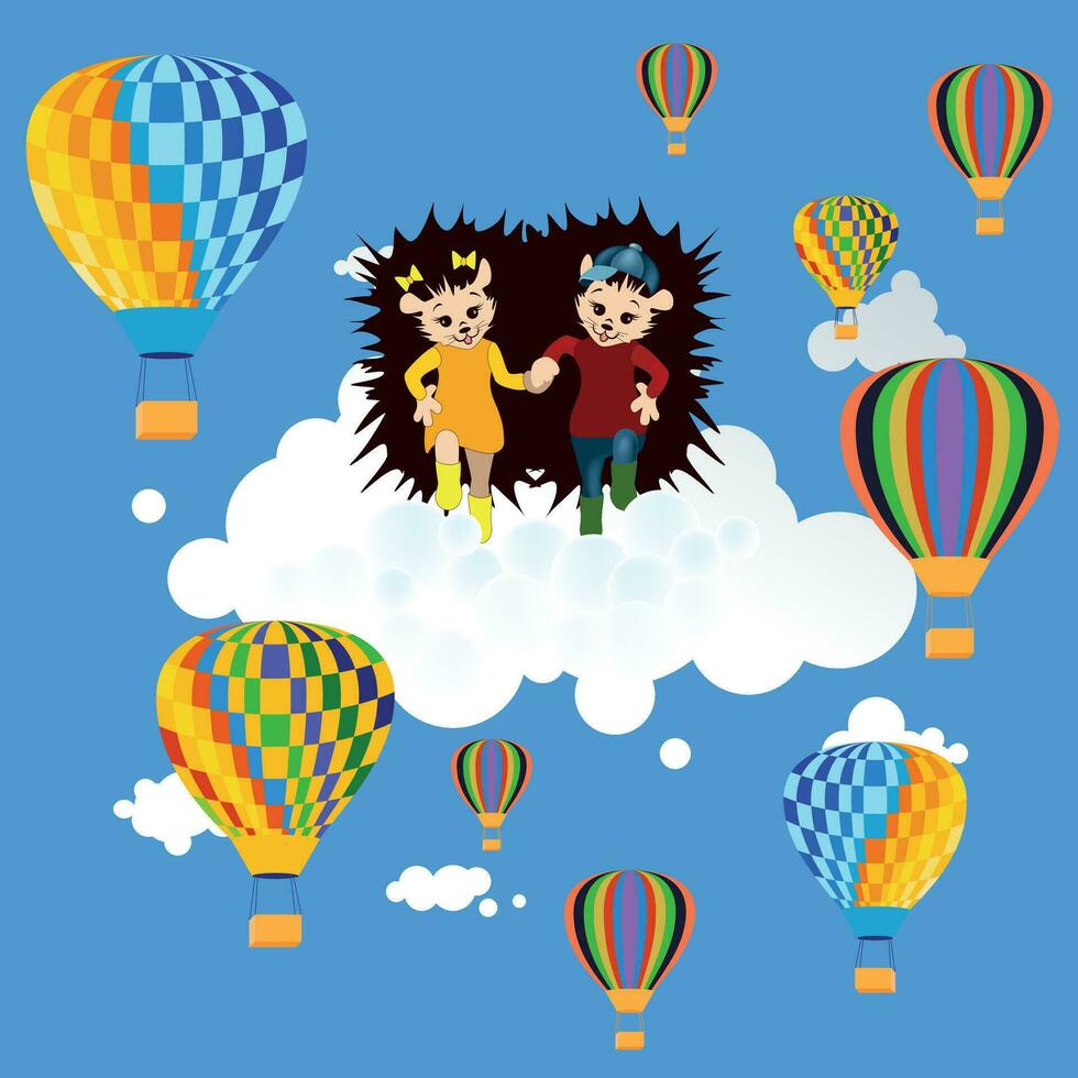 Vector image of a hedgehog on a cloud among balloons