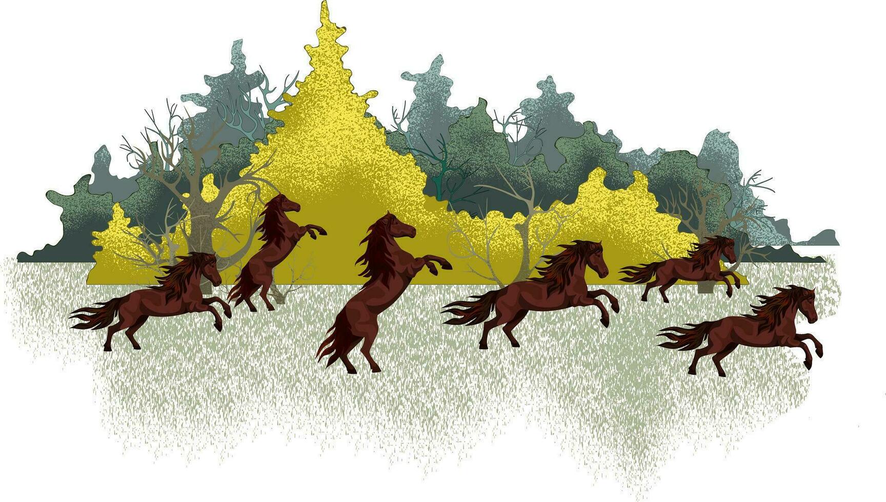 image of a silhouette of horses galloping in one direction along the field along the forest. vector