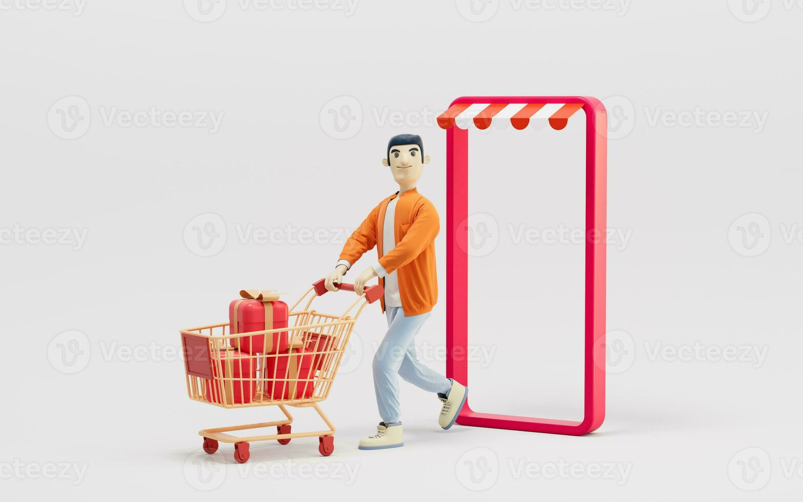 A man pushed a shopping cart, online shopping, 3d rendering. photo