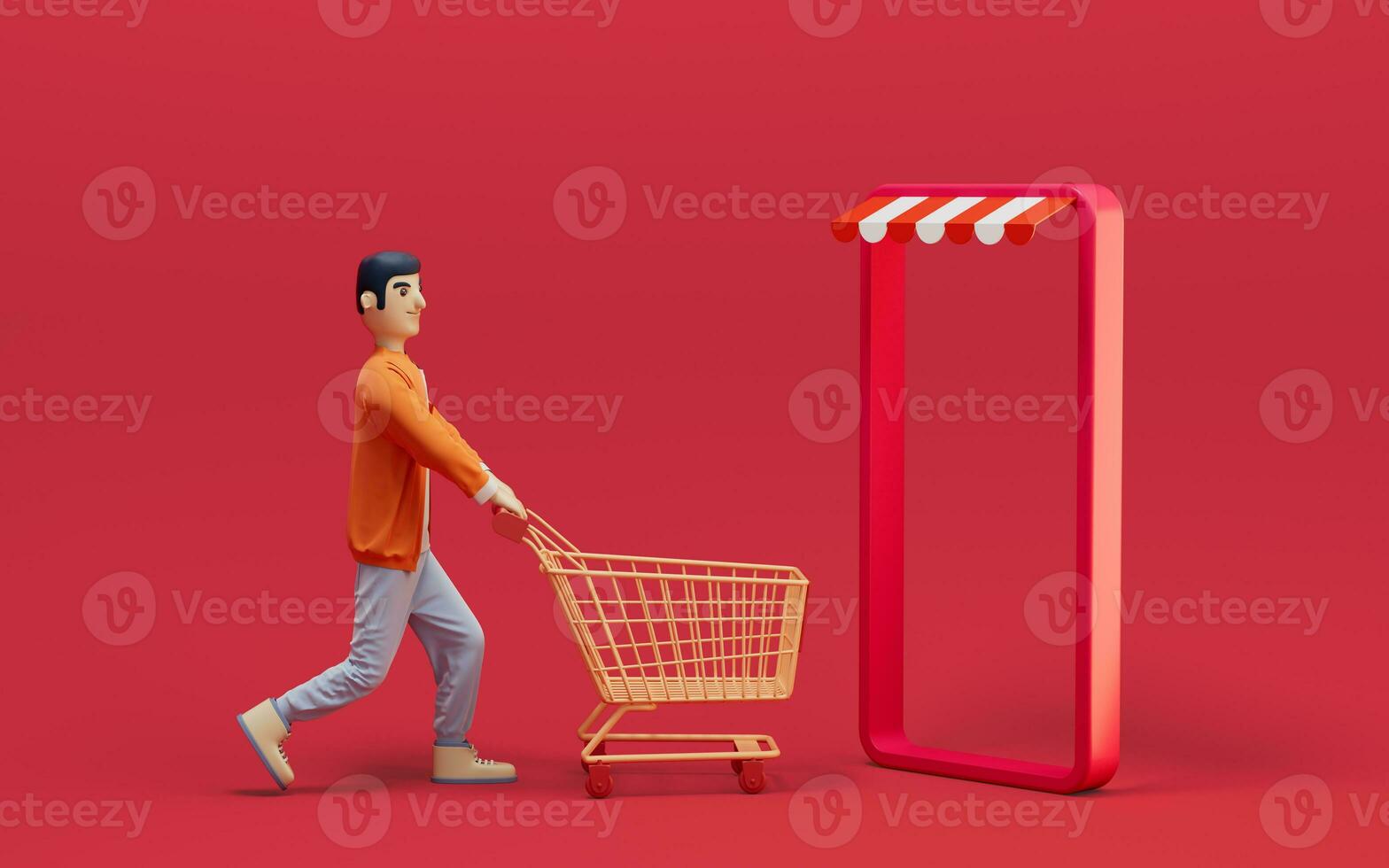 A man pushes an empty shopping cart, 3d rendering. photo