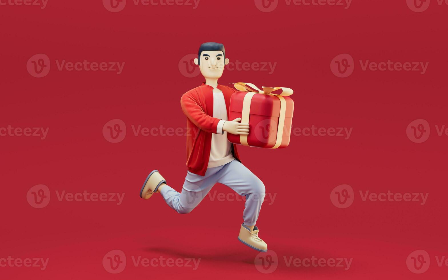 A man and gifts with red background, 3d rendering. photo