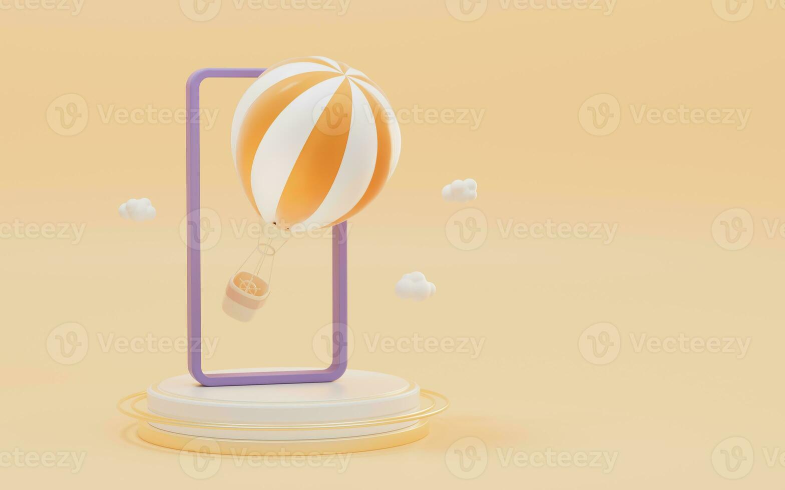 Hot air balloon and phone with yellow background, 3d rendering. photo