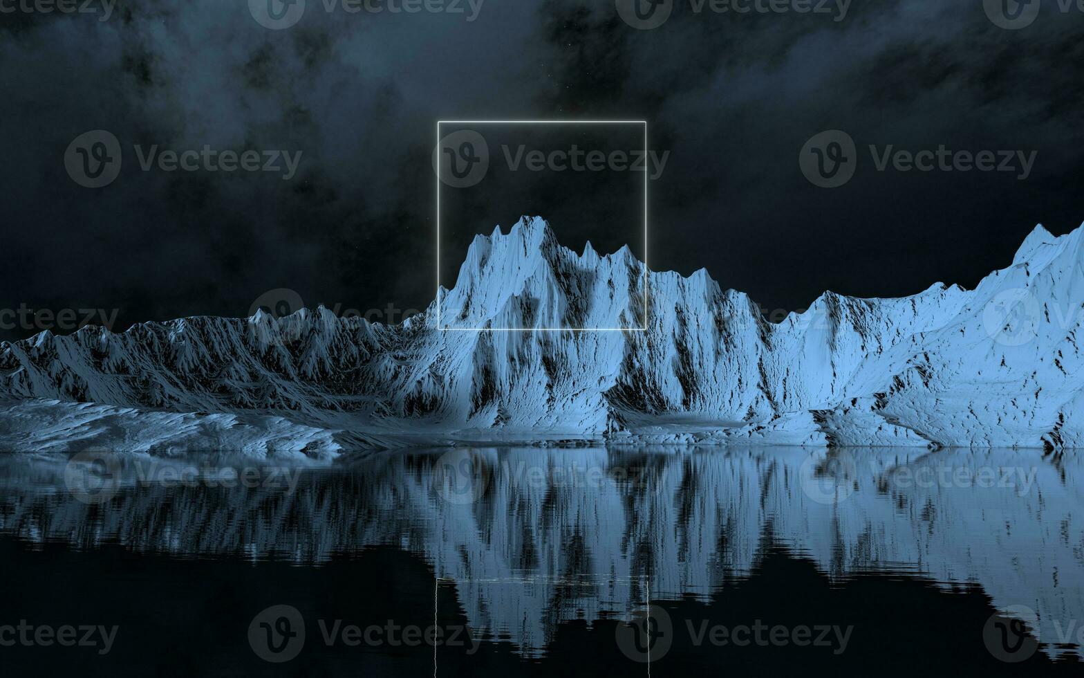 Glowing frame and snowy mountains, 3d rendering. photo