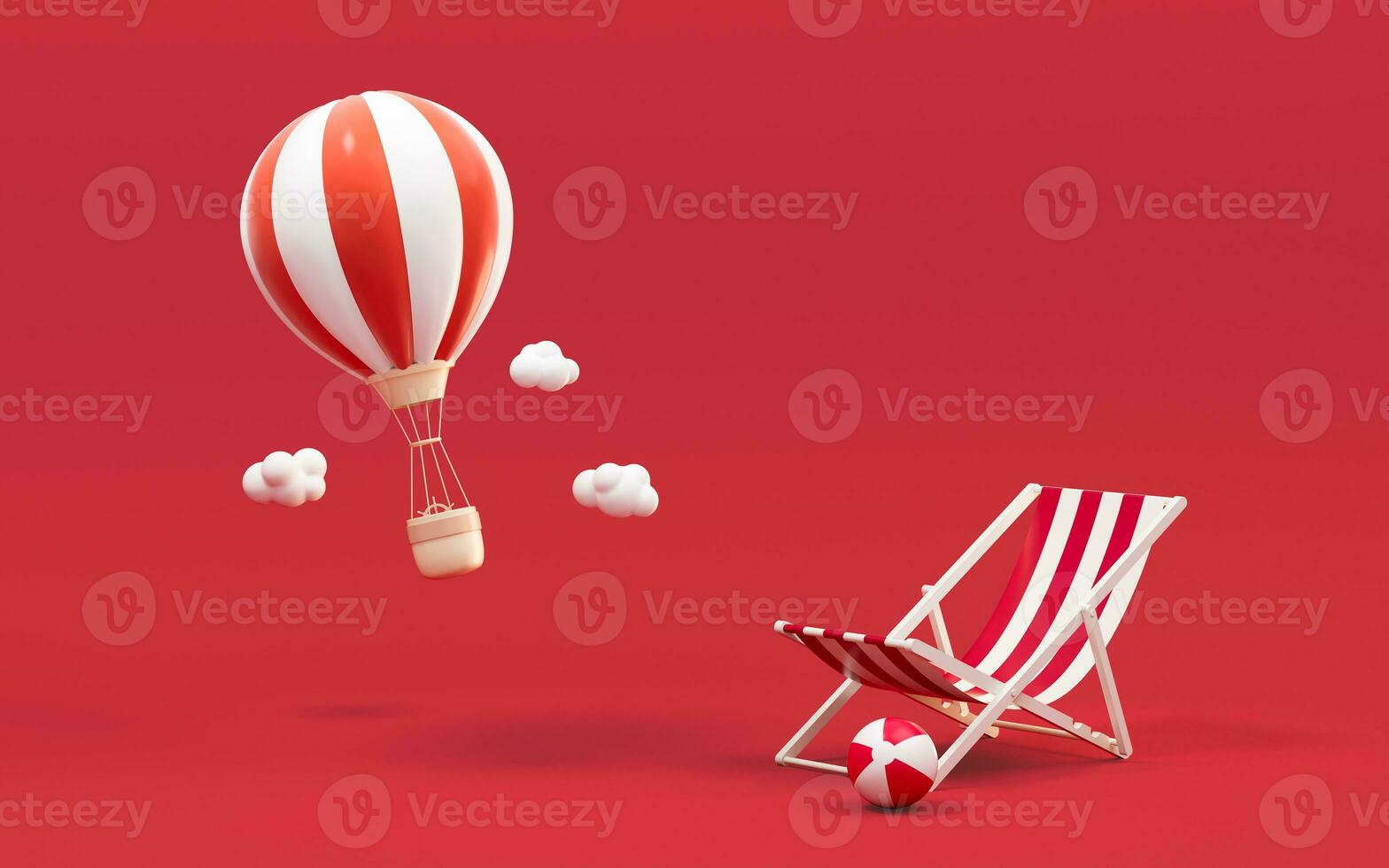 Hot air balloon and recliner with red background, 3d rendering. photo