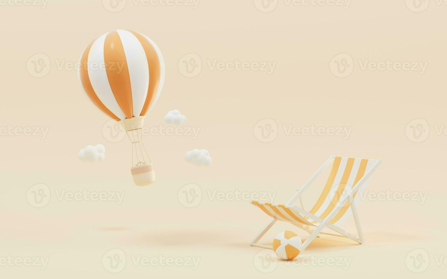 Hot air balloon and recliner with yellow background, 3d rendering. photo