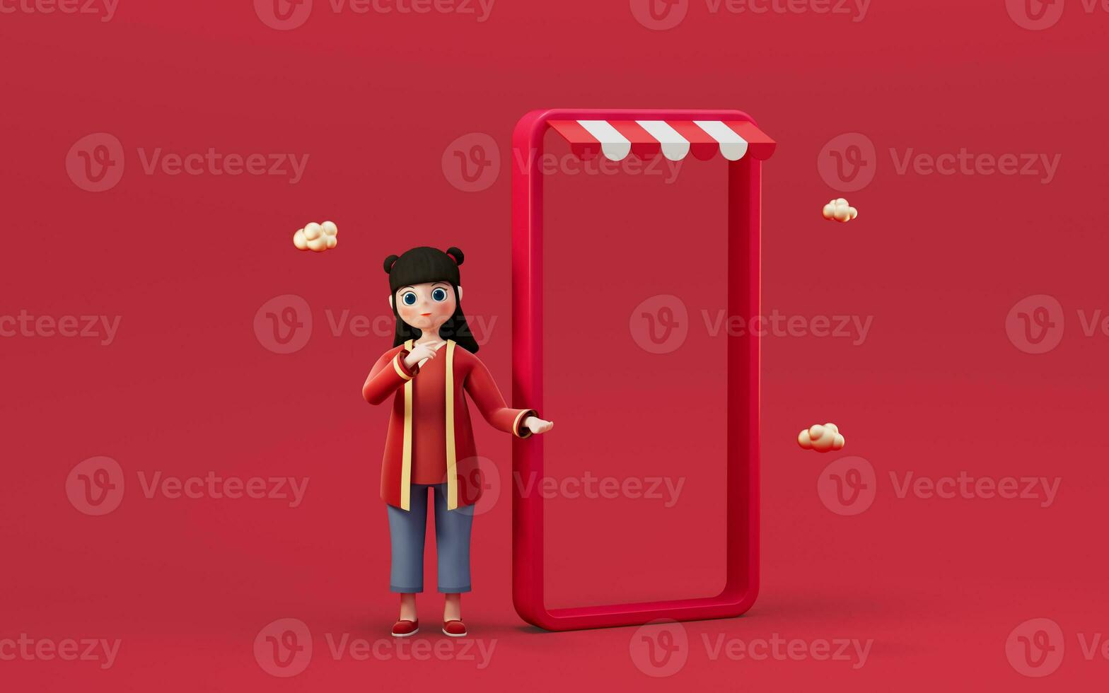 un chino niña y teléfono con rojo fondo, 3d representación. foto