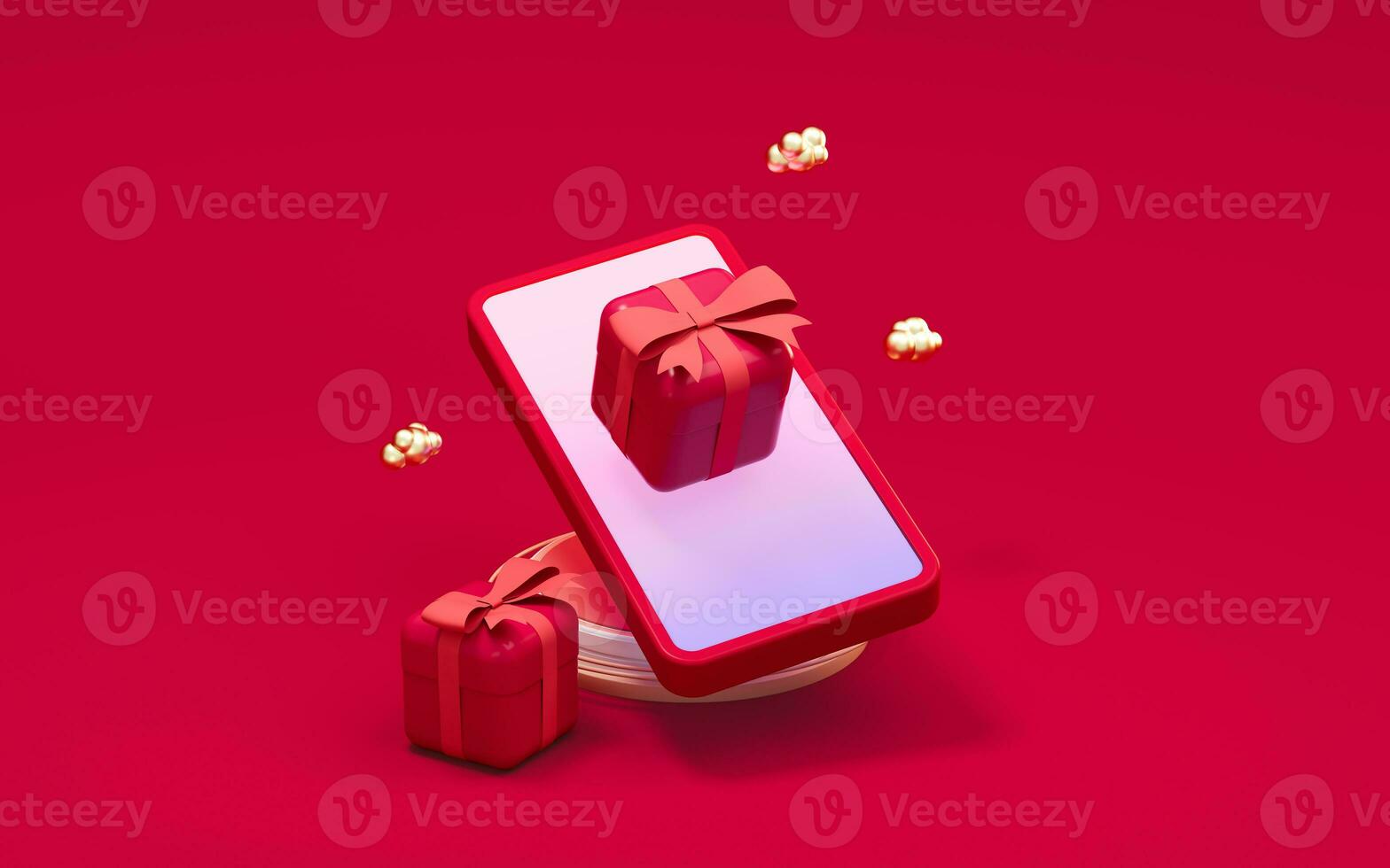 Mobile phone and gifts with red background, 3d rendering. photo