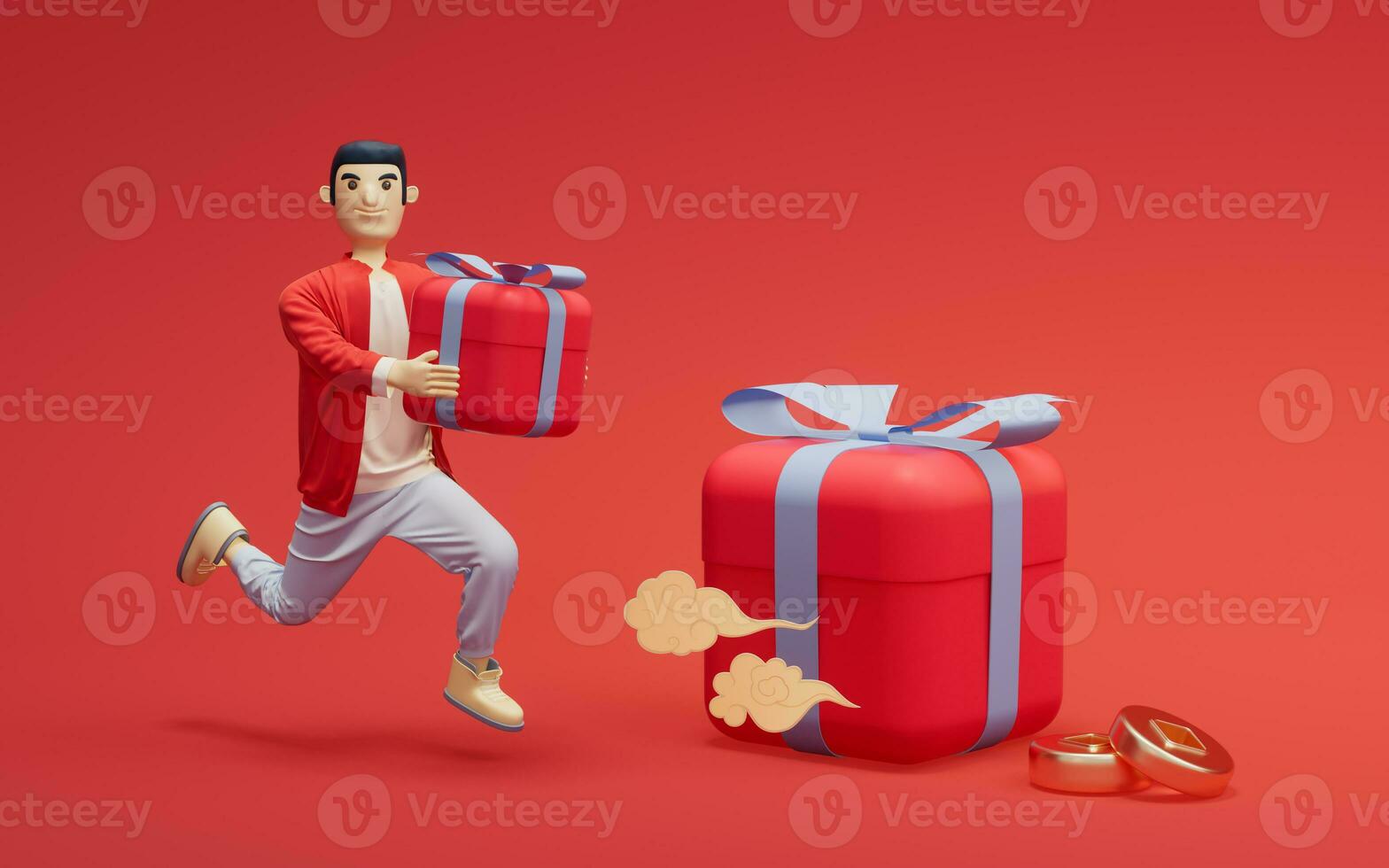 A man and gifts with red background, 3d rendering. photo
