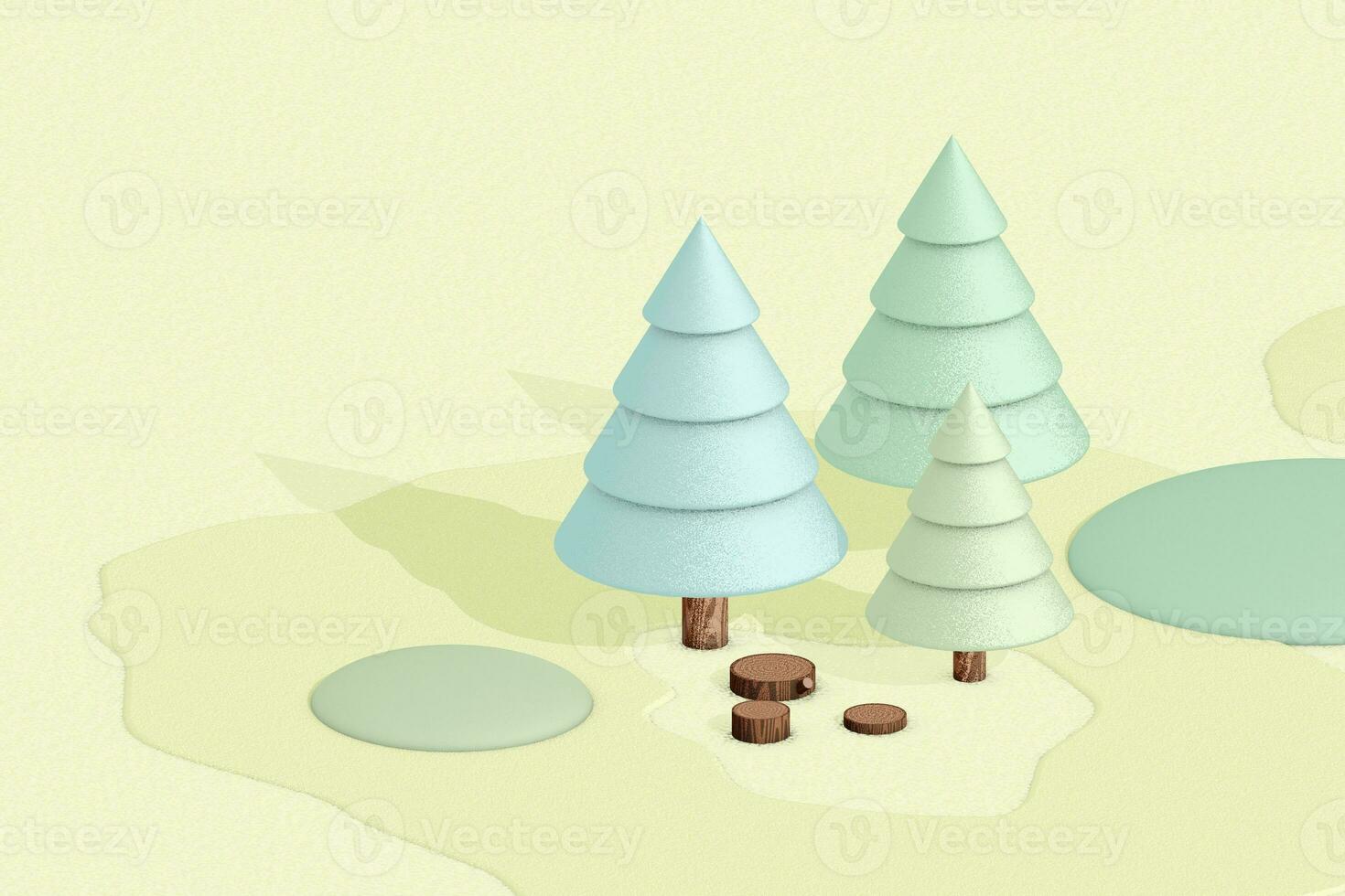Cartoon trees, cut down forest, 3d cartoon rendering. photo