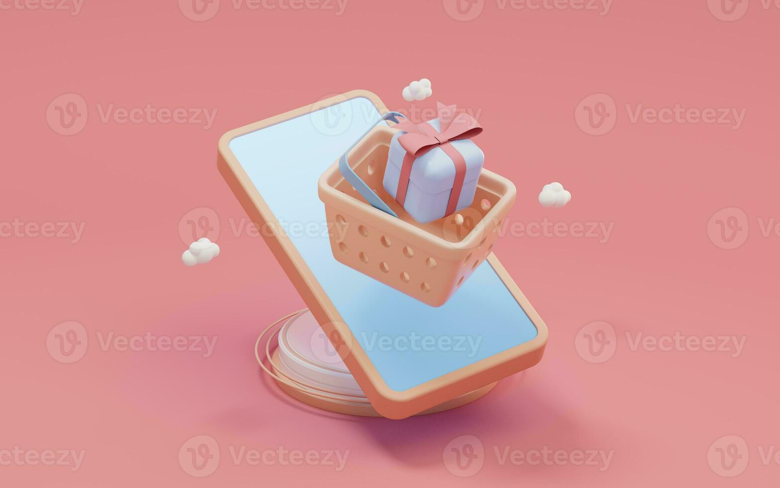 Mobile phone and gifts with pink background, 3d rendering. photo