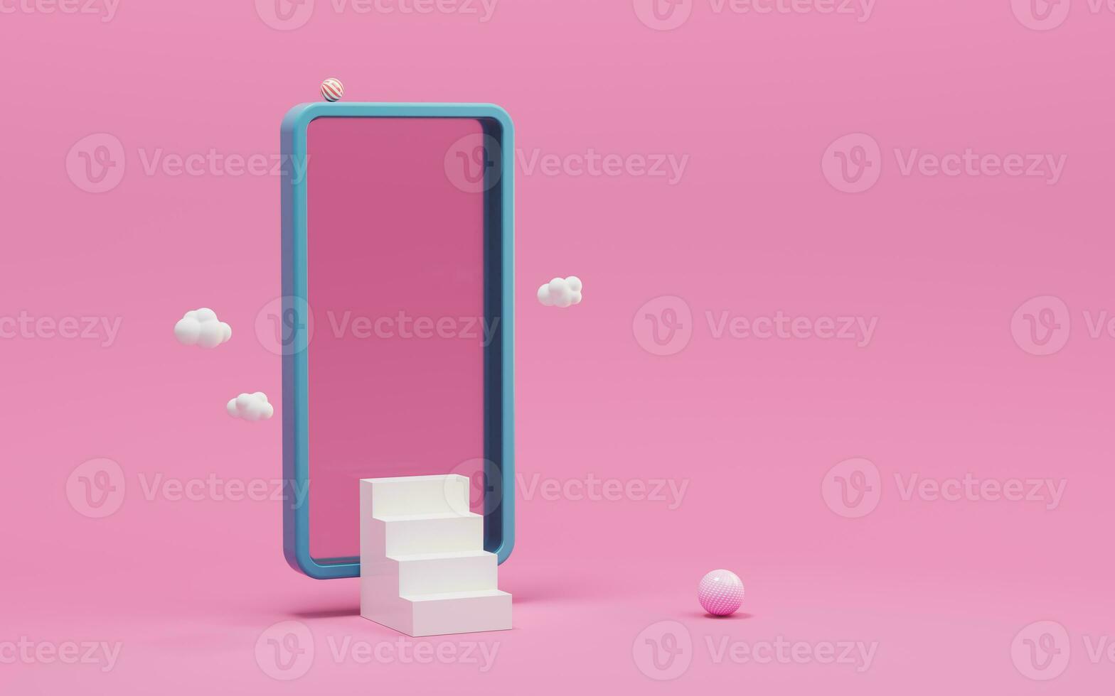 Mobile phone and stairs with pink background, 3d rendering. photo