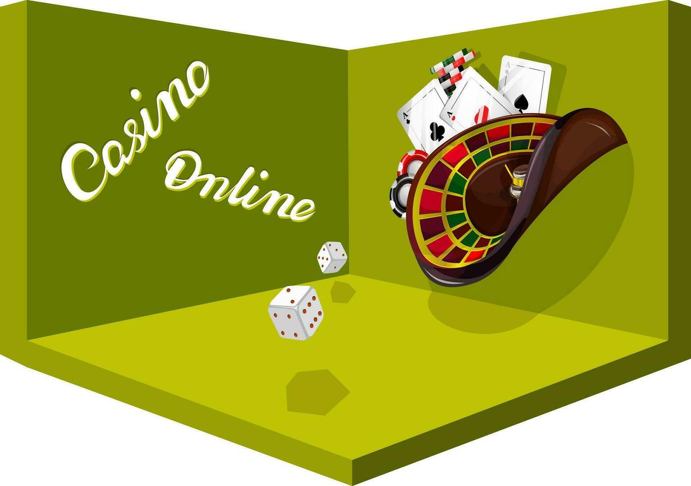 Vector conceptual image for a gambling establishment. Playing cards, poker chips, roulette seem to float in zero gravity. Poker gambling mobile app icon. EPS 10