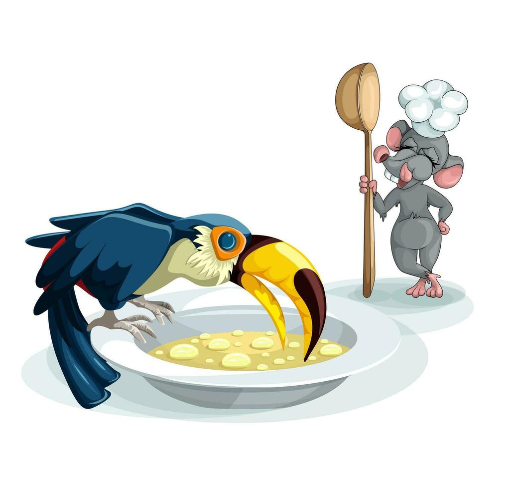 Vector image of a mouse and toucan on a white background engaged in cooking and tasting food. Concept. EPS 10