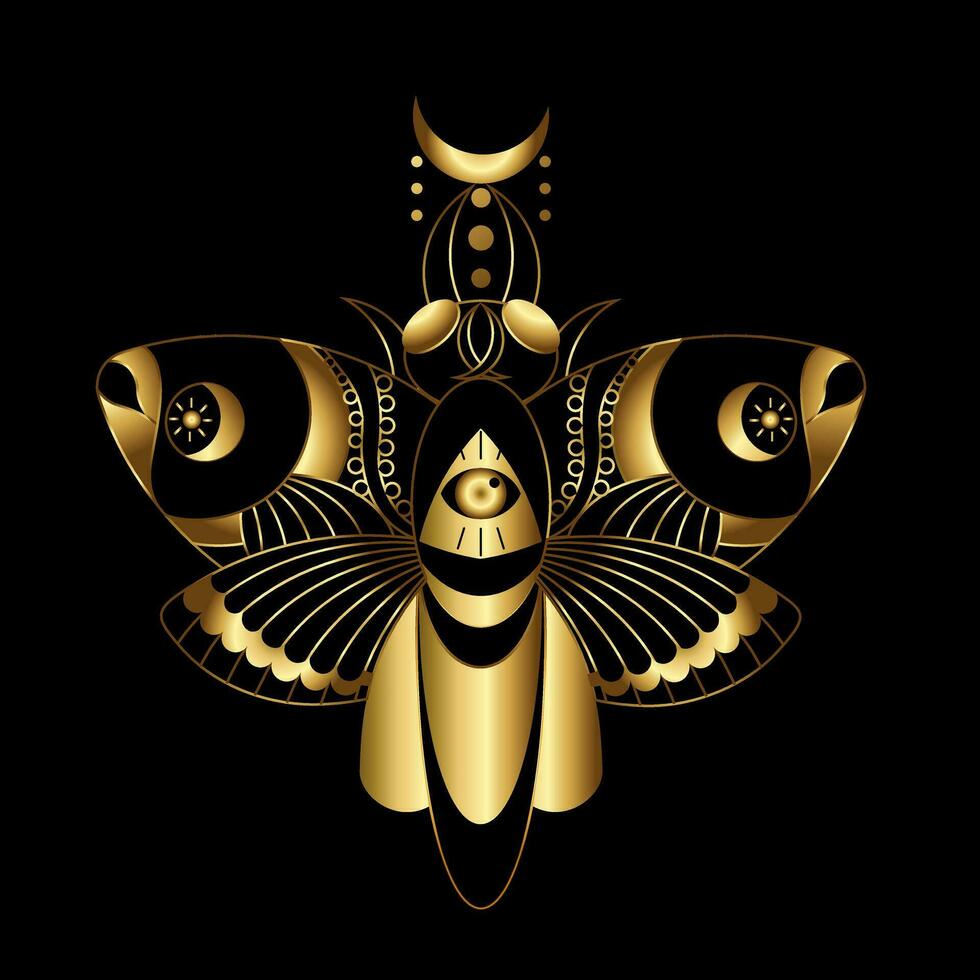 vector imagen de un bohemio polilla en oro contornos con elementos de dorado conjunto con negro. geométrico insecto. eps 10