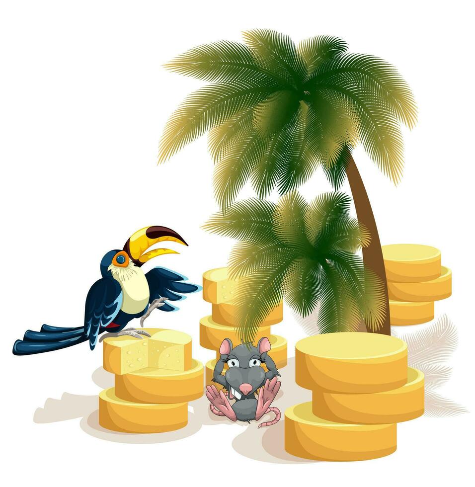 Vector image of a mouse sitting among a whole warehouse of cheese on the island with his friend toucan. Concept. EPS 10