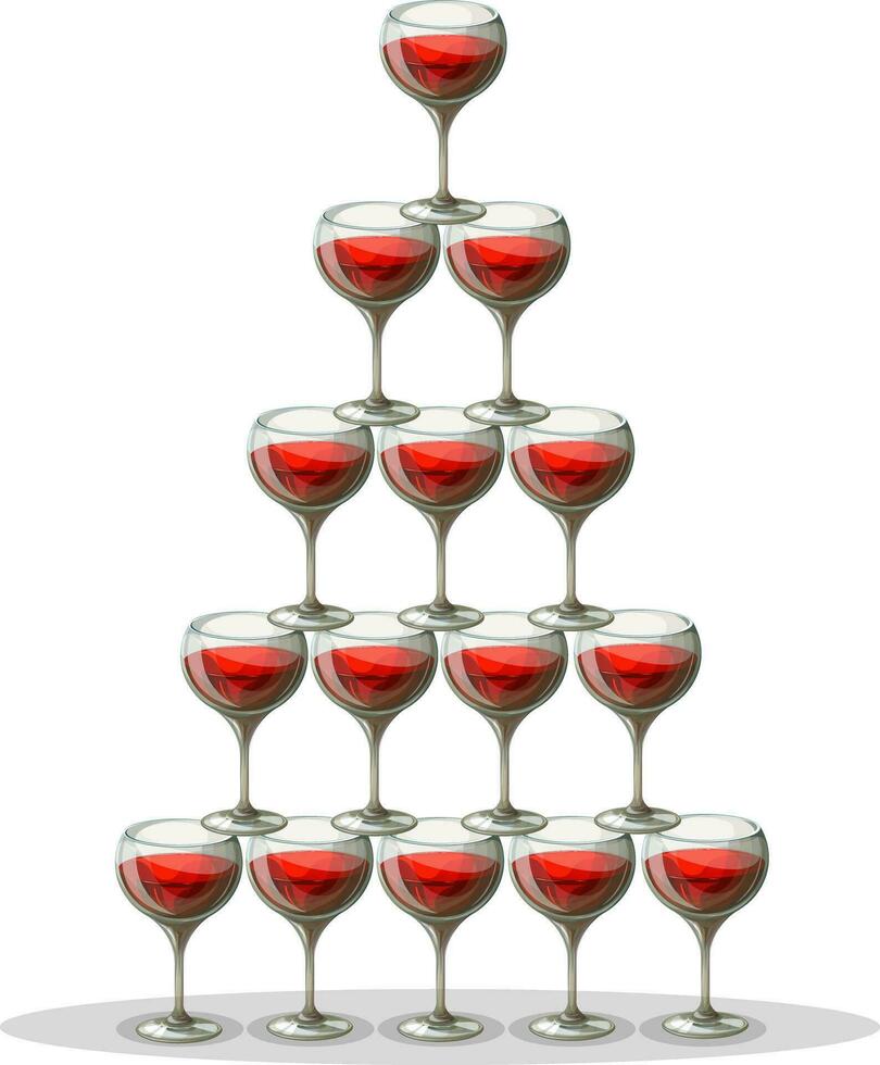 Vector image of a cascade of glasses with red wine. Hand drawn art. EPS 10