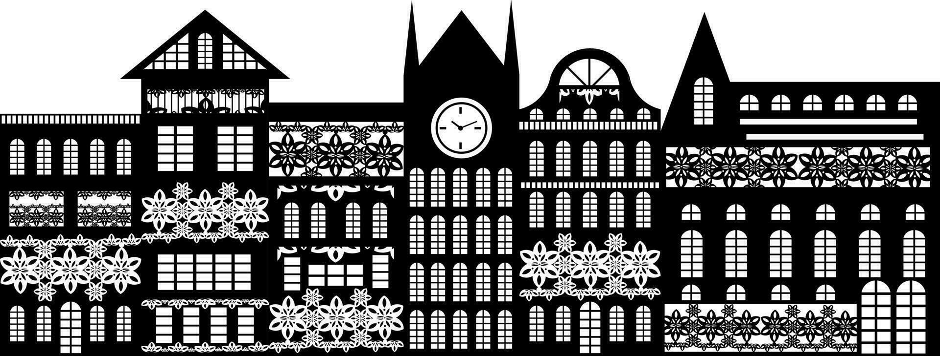 Vector image of a continuous wall, consisting of a variety of multi-storey buildings, decorated with decorative elements. EPS 10