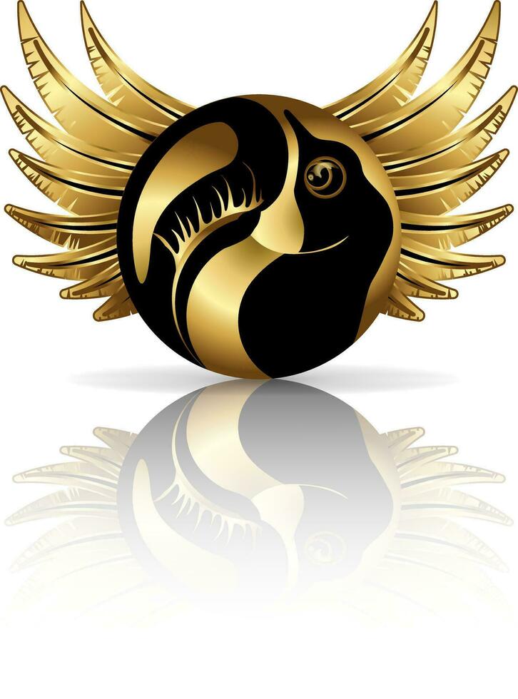 Vector image of a toucan inscribed in a circle according to the principles of the golden ratio. Cartoon style made in gold. EPS 10