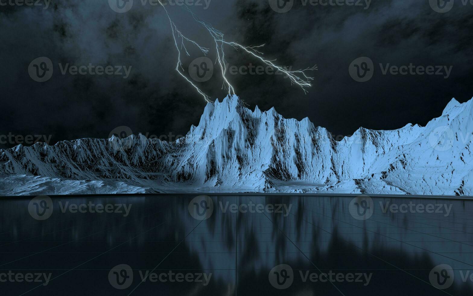 Lightning and snowy mountains, 3d rendering. photo