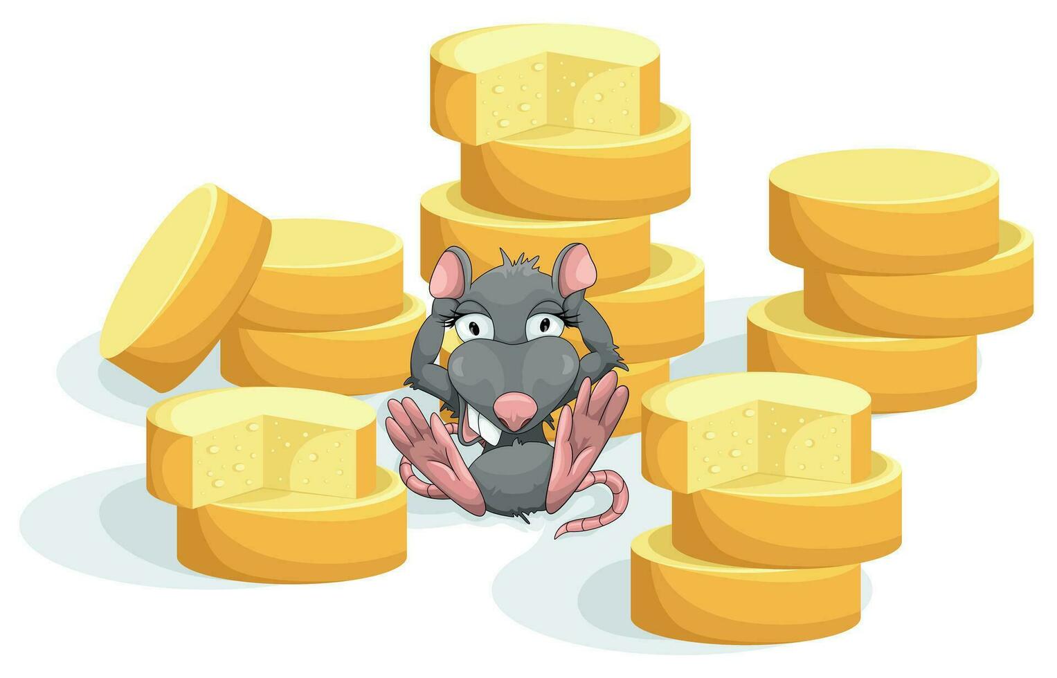 Vector image of a mouse sitting among piles of cheese heads on a white background. Concept. EPS 10