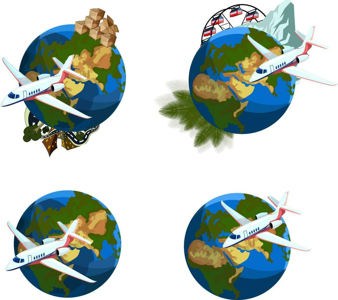 Set of vector images of the globe and airplane. The concept of cargo and cargo transportation around the planet. Cartoon style. EPS 10