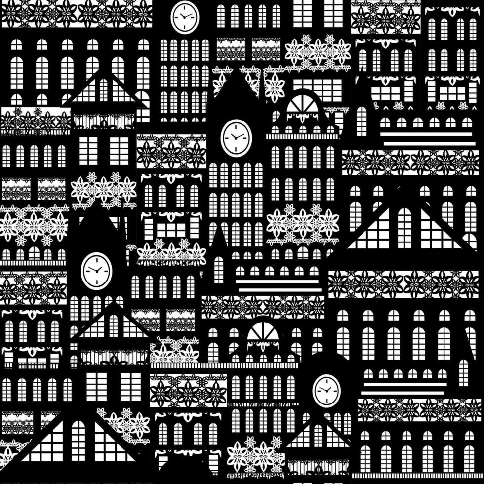 Vector background seamless pattern, consisting of simple houses with patterns in the form of snowflakes on the facades. EPS 10