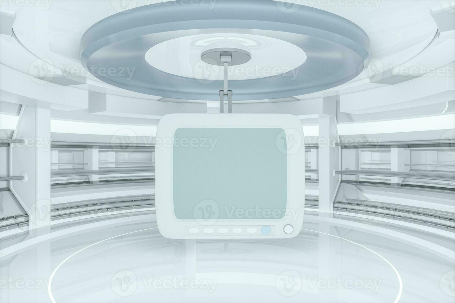 White monitor with white background, empty room, 3d rendering. photo