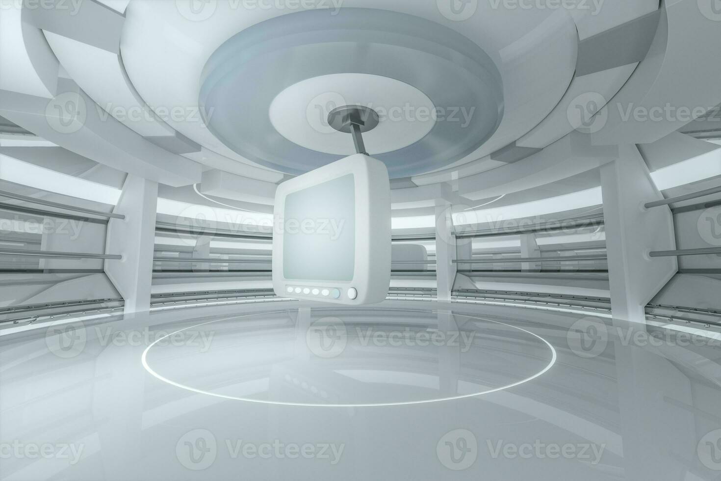 White monitor with white background, empty room, 3d rendering. photo