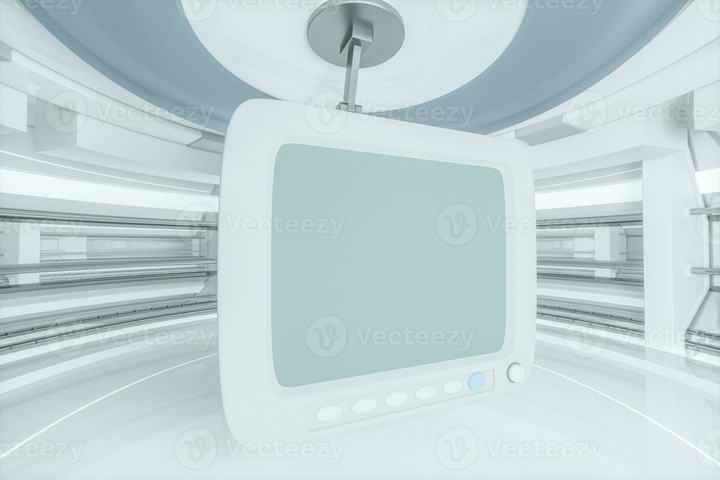 White monitor with white background, empty room, 3d rendering. photo