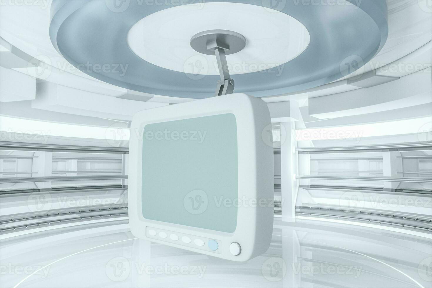 White monitor with white background, empty room, 3d rendering. photo