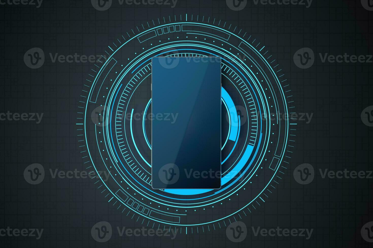Mobile phone with glowing HUD circle background, 3d rendering. photo
