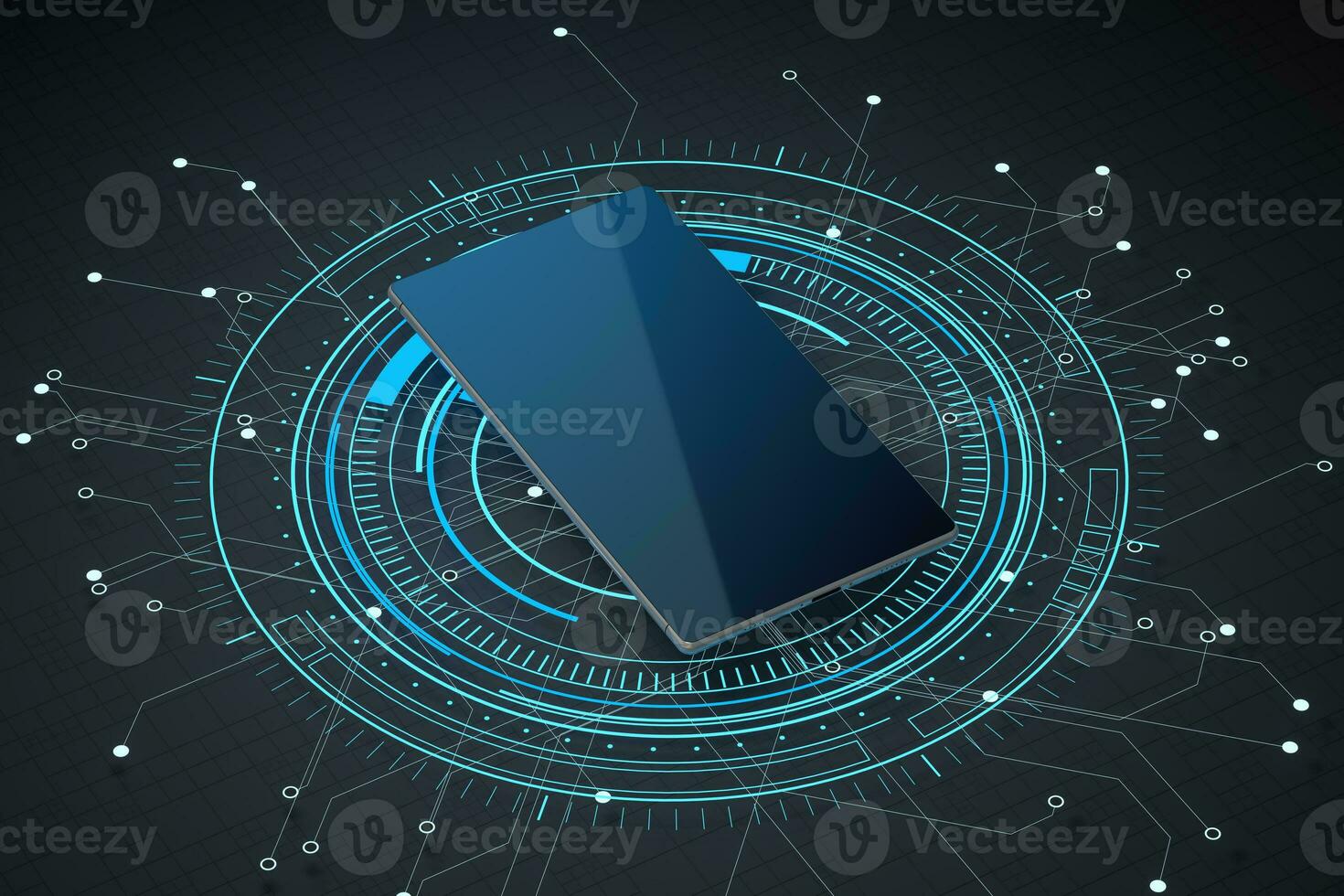 Mobile phone with glowing HUD circle background, 3d rendering. photo