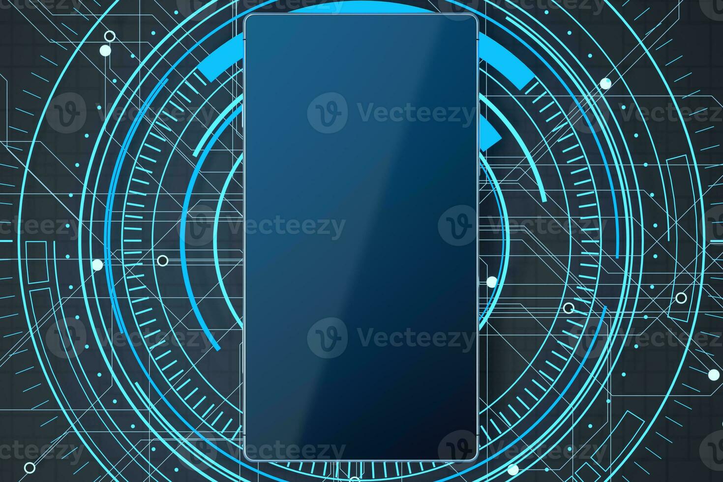 Mobile phone with glowing HUD circle background, 3d rendering. photo