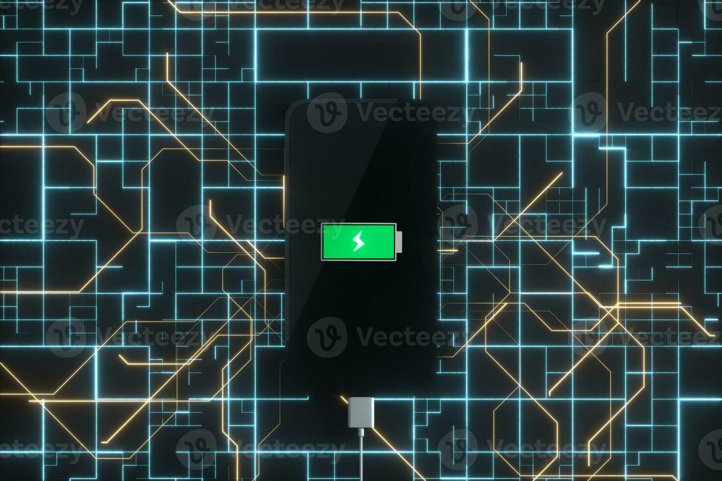 The charging mobile phone with circuit background, 3d rendering. photo