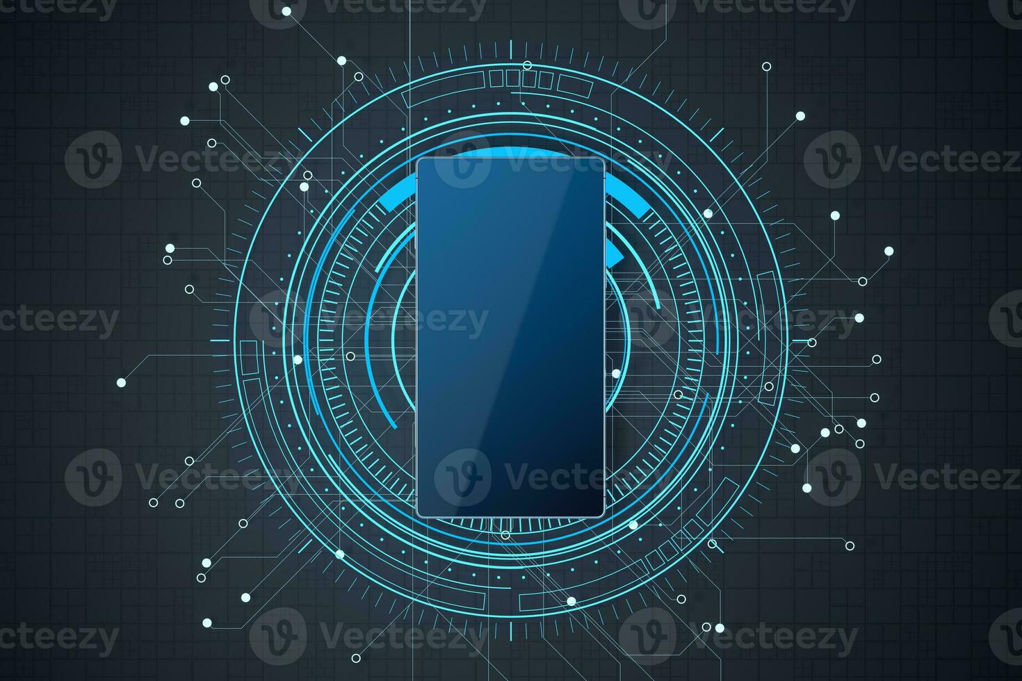Mobile phone with glowing HUD circle background, 3d rendering. photo