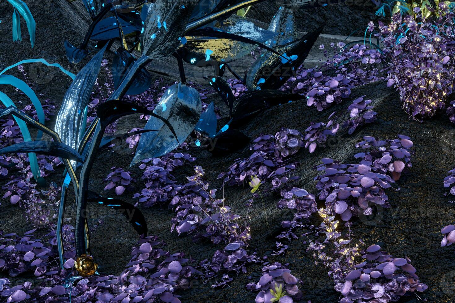 Living metallic plants with dark background,abstract conception,3d rendering. photo