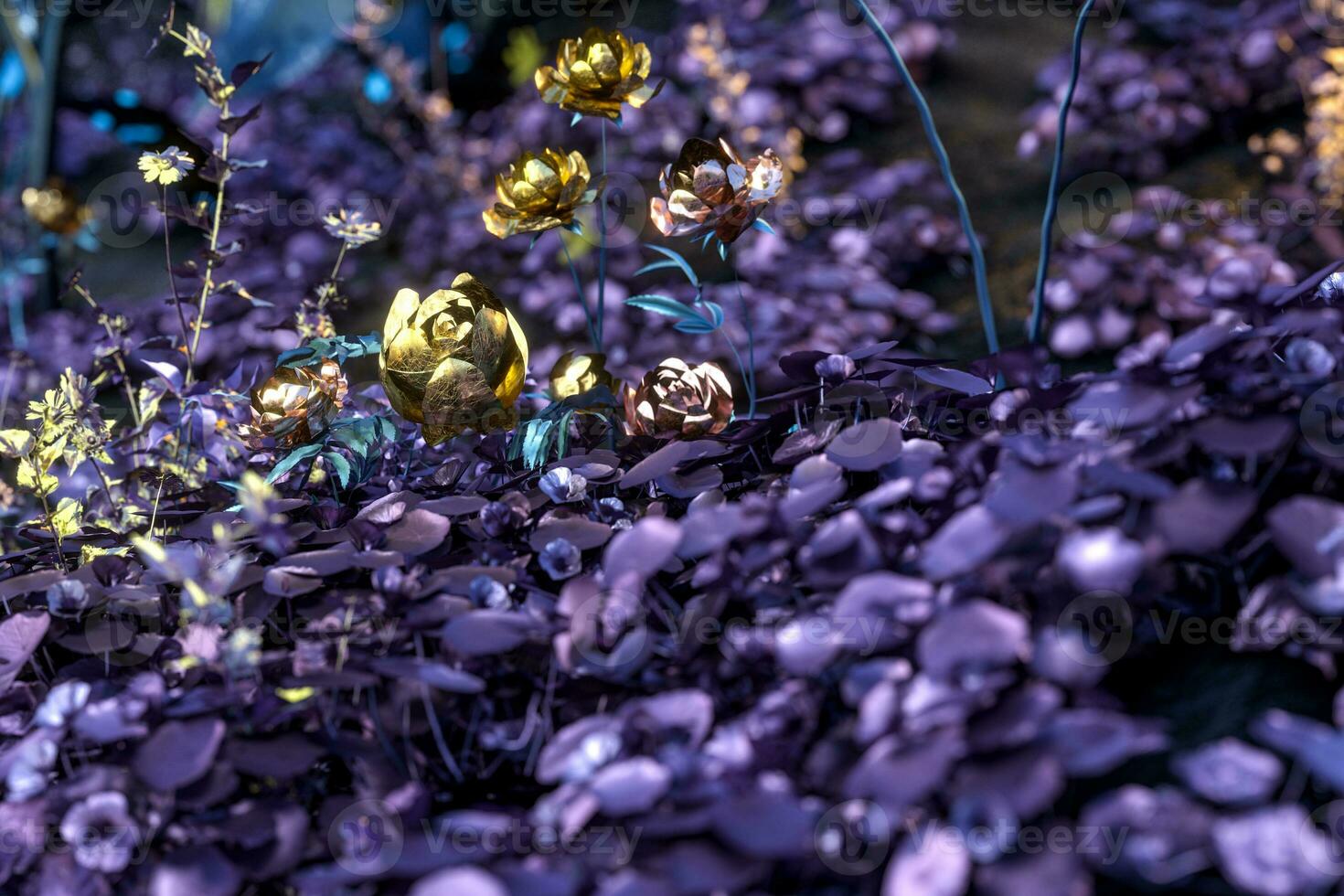 Living metallic plants with dark background,abstract conception,3d rendering. photo